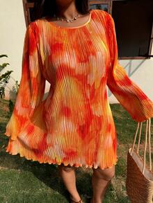 SHEIN EZwear 大码女式印花圆领长袖时尚连衣裙 - 橘色 - 查看 4