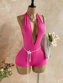 Soleia Women's Vacation White Knit Textured Wavy Pattern Deep V Neck Backless Sexy Bodysuit, Fashionable Fitted For Party, Date, Afternoon Tea, Boho Vacation, Beach, Summer Outfit - Pink - View 6