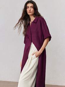 ZEYLAH 100%亚麻衬衫领宽松系带长连衣裙，春季 - 酒紅色 - 查看 5