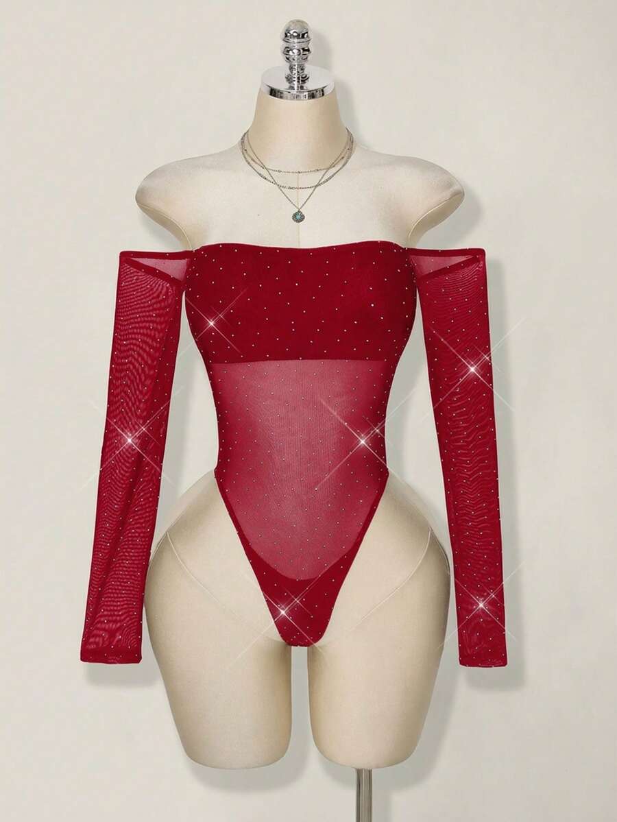 SHEIN ICON Women's Fashionable Sexy Off-Shoulder Long Sleeve Bodysuit - Burgundy - View 1