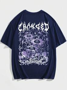 ROMWE MEN Goth Spring/Summer Casual Graphic Men'S Casual Letter & Eye Print Round Neck Short Sleeve T-Shirt, Summer - Royal Blue - View 2