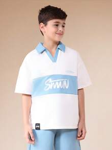 SUMWON Boys Polo Co-Ord Set With Light Blue Contrast Color Block Design Short Sleeve Summer Casual Matching Outfit - Apricot - View 3