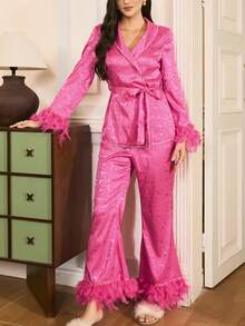 Moireta Elegant Mature Charm Vintage Frayed Decor Mandarin Collar Flare Pants Jacquard Solid Color Women Pajama Set, Suitable For Valentine's Day - Hot Pink - View 4