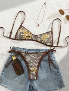 Swim Vcay Sequin Embroidered Floral Micro Sexy Fashion Women Beach Spring/Summer Bikini Set Set - Brown - View 2