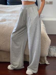 Livesso Solid Color Loose Straight Leg Women Sweatpants With Pockets And Drawstring Waist,Women Joggers Fall - Grey - View 4