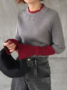 FRIFUL Áo len nữ cổ cao, tay dài, dáng rộng, phối màu tương phản, thích hợp mặc mùa thu. - Xám - Xem 3
