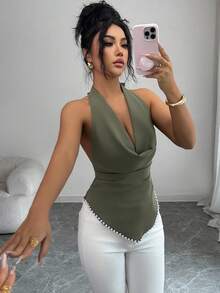 Elenzga Women's 2026 Spring/Summer New Arrival Draped Neck Ruched Backless Camisole - Army Green - View 5