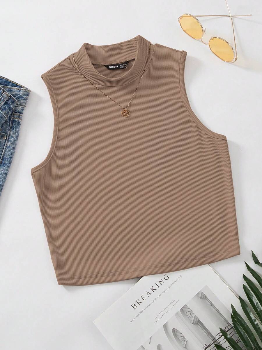 Breezaya Women's Casual Everyday Commute Simple Solid Color Ribbed Knit Stand Collar Tank Top, Summer - Khaki - View 1