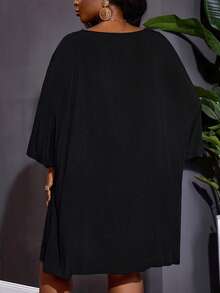 SHEIN CURVE+ Curve 尺码 US22 音乐节、海滨度假、波西米亚风女士度假纯色撞色蕾丝蝙蝠袖连衣裙 - 黑色 - 查看 3