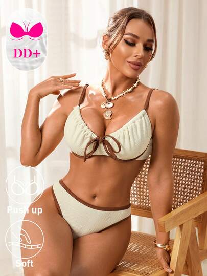  Swim DD+ New Plus Size Support Push Up Bikini Set For Women, Cream Textured Two-Tone Swimwear With Contrast Brown Trim & Front Bow Detail, Padded Soft Cup Bra Top For Maximum Lift & Comfort, High Cut Cheeky Bottoms, Flattering Fit For Curvy Figures, Designed For Beach Days, Pool Parties, Tropical Vacations, And Resort Getaways, Quick-Dry, Stretchy Fabric, Ideal For DD+ Cup Sizes Seeking Style, Support, And Confidence In Swimwear