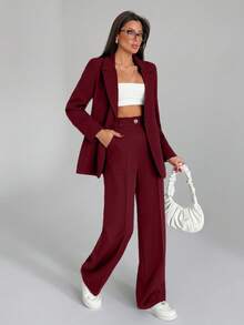 EURMUSE Bộ quần áo hai mảnh màu trơn dành cho nữ, gồm áo blazer và quần dài. - Màu Đỏ Sâu - Xem 4