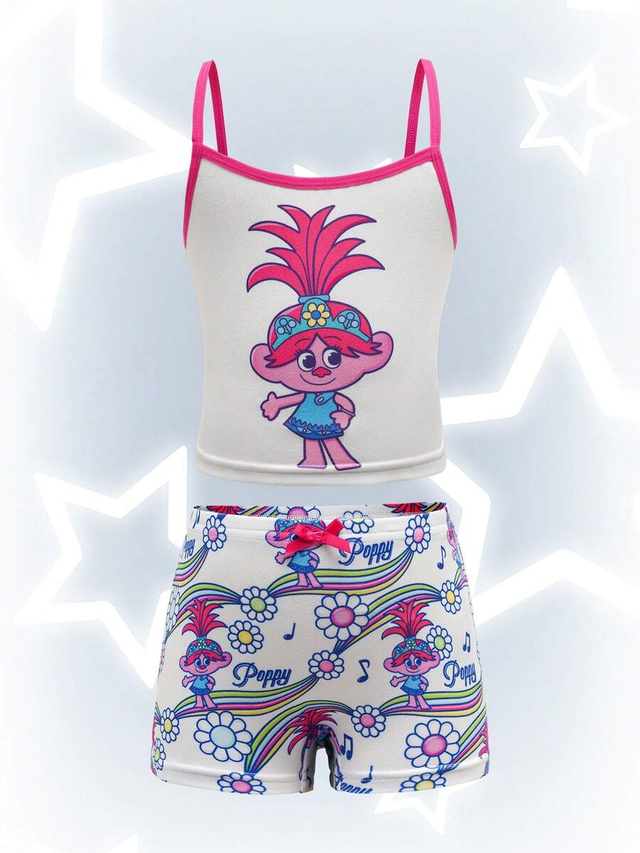 SHEIN Trolls Young Girl Comfortable Soft Cartoon Pattern Camisole Top And Boyshort Underwear Set - White - View 1