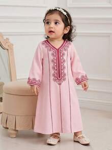 SHEIN Baby Girls' Pink Print V-Neck Long Sleeve Dress, Traditional Arab Clothing, Jalabiya, Abaya