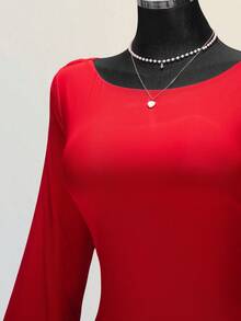 SHEIN ICON Plus Size Retro Sexy Elegant Women's Ball Party Evening Banquet Valentine's Day Outfit Round Neck Backless Swing Neck Flared Long Sleeve Bright Red Mesh Fitted Waist Flowing Skirt Dress - Red - View 4