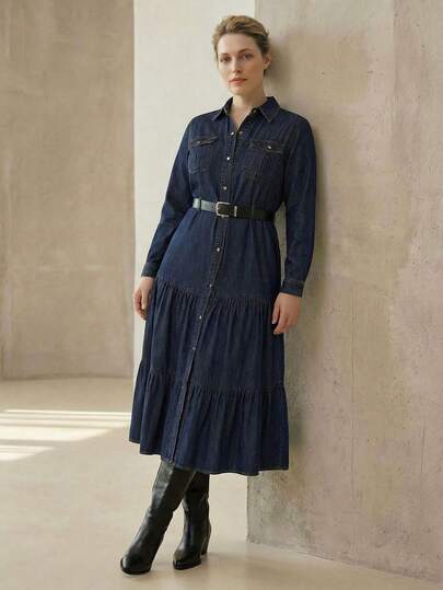 MOTF PREMIUM LÅNGÄRMAD JEANSKLÄNNING FÖR DAM, VÅR/SOMMAR