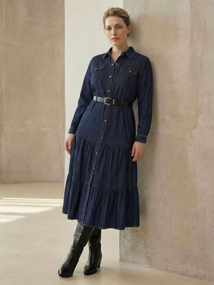 WOMEN'S PLUS LONG SLEEVE DENIM DRESS, SPRING/SUMMER