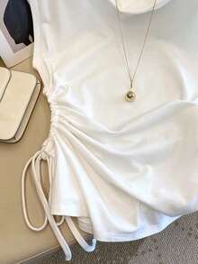 Resyla Women's Casual Scoop Neck Solid Color Cinched Waist T-Shirt - White - View 3