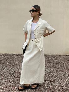 DAZY Women's Casual Pocket Shirt Collar Straight Skirt Denim 2-Piece Set, Spring/Summer - Beige - View 3