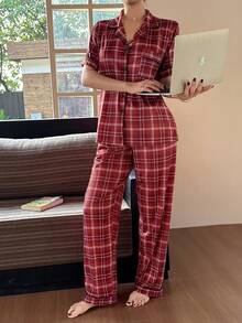 SHEIN Napfluff Cotton-Like Milk Silk Plaid Print Pattern Women Short Sleeve Pajama Set - Red - View 6