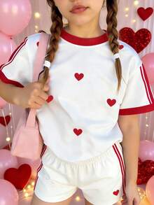SHEIN Elladie kids 2件套女童休闲时尚创意爱心条纹印花T恤短裤套装，舒适日常穿着，适合春、夏、秋季穿着，可爱女童套装，少女服装，短袖。 - 彩色 - 查看 3