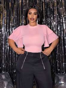 Slaydiva Plus Size Ruffle Patchwork Sleeve Bodysuit - Pink - View 3