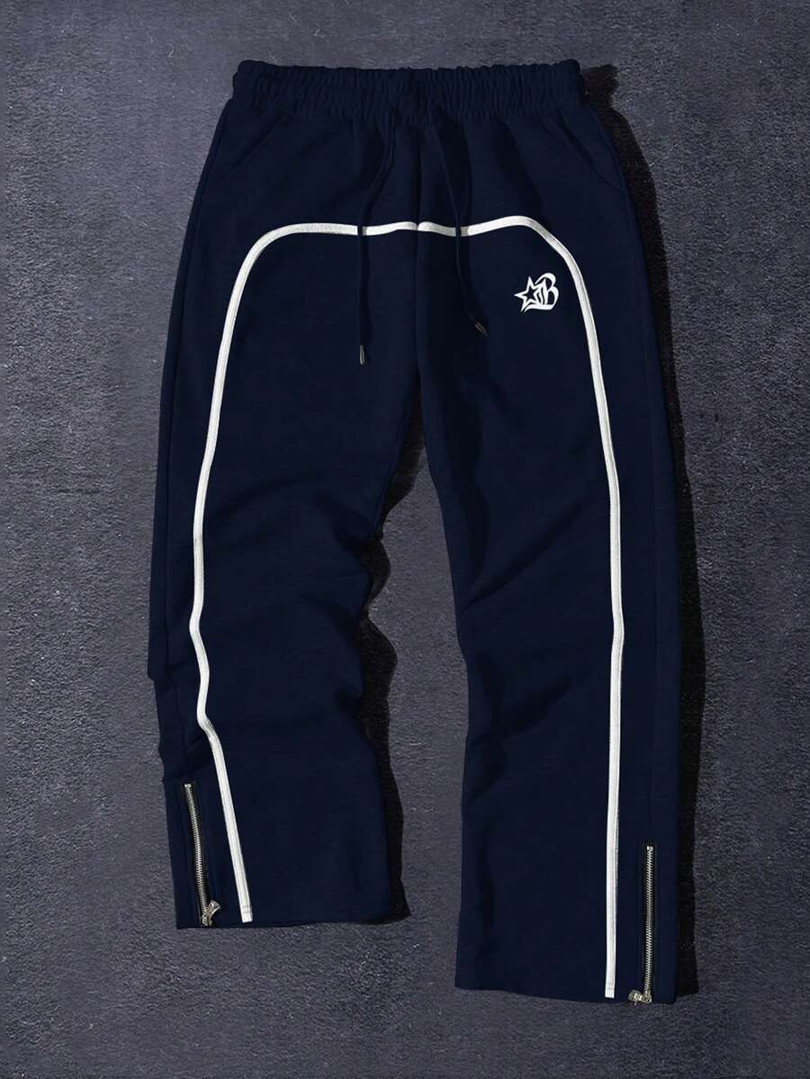 Manfinity EMRG 男士休闲撞色条纹印花运动裤 - 藏蓝色 - 查看 1