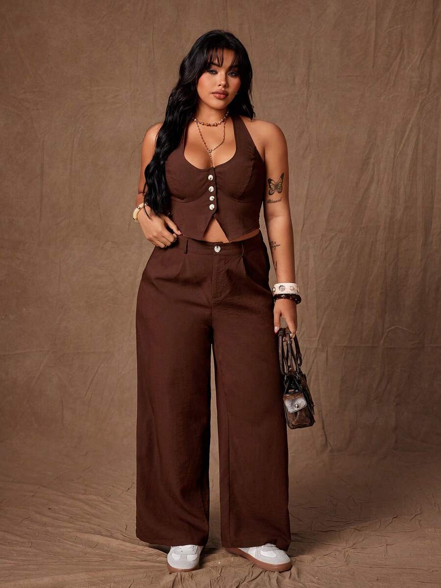 Rustia 大码女式纯色单排扣吊带上衣和直筒休闲裤套装 - 咖啡棕 - 查看 1