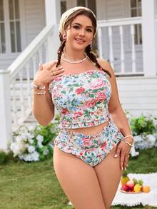 Swim Mod Plus Size Women Floral Print Bandeau Swimsuit Set, Suitable For Beach Vacation, Spring/Summer - Multicolor - View 4