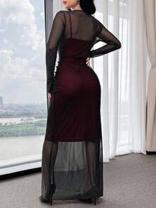 Feyla Women's Elegant Sexy Sheer Mesh Ruffle Trim Fitted Long Dress - Burgundy - View 6