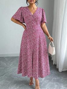 Elenzga 大码女式优雅荷叶袖V领收腰喇叭下摆碎花休闲长裙 - 玫紅色 - 查看 3