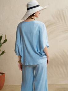 Airaco Set de 2 piezas con top texturizado con pliegues retorcidos y pantalones de pierna ancha - Azul - Ver 2