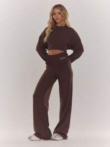 MUSERA Oversized Rib Knit Embroidered Detail Wide Leg Co-Ord Trousers Only Cosy Cute Casual Winter Chic Coffee Club Spring - Chocolate Brown - View 5