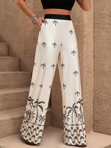 EURMUSE Women Summer Printed Detailed Wide Leg Pants - Black and White - View 3