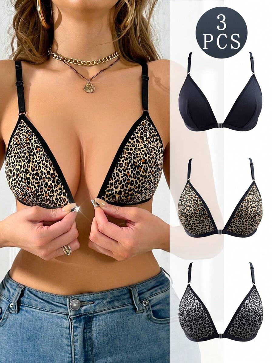 3pcs/Set Women Front Closure Wireless Triangle Cup Bras - Multicolor - View 1