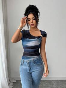 Elenzga Áo thun ngắn tay nữ in họa tiết nhuộm tie-dye, thiết kế vai bất đối xứng, trang trí khóa kim loại, thích hợp cho mùa hè. - Màu xanh hải quân - Xem 7