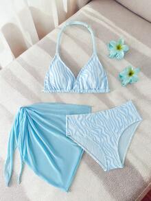 SHEIN 1件装女童蓝白碎花图案舒适针织泳衣套装，适合海滩、泳池、海洋、冲浪、度假、夏季、旅行 - 藍白色 - 查看 1