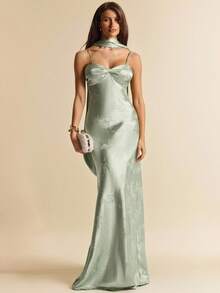 SHEIN BAE Spring & Summer Solid Light Green Halter Maxi Elegant Satin Dress, Graceful Long Dress, Brunch Dress, Wedding Guest Attire, Birthday Mini Dress, Bridesmaid Elegant Mini Dress, Date Dress, Valentine's Day, Tea Party Dress, Brunch Dress, Graceful Dress - Green - View 2