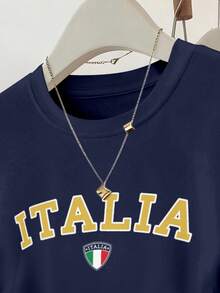 SHEIN Áo thun nữ tay ngắn ôm eo, xếp ly, in chữ Italy, họa tiết kẻ sọc. - Màu xanh hải quân - Xem 3