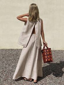 DAZY Spring/Summer Elegant Casual Vacation Beach Sleeveless Top And Skirt Set, Romantic, Wedding, Commute, Old Money Style For Women Lounge Sets For Women - Khaki - View 4