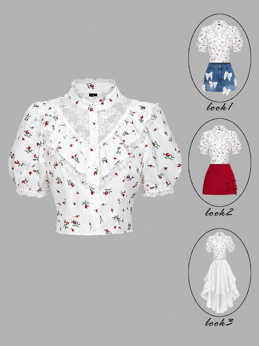 SHEIN MOD 白色和红色小碎花复古宫廷风荷叶边衬衫——复古浪漫，完美适合度假、约会、野餐、派对、舞会、节日和生日穿着；浪漫可爱的樱桃印花复古上衣，情人节、夏季、春季女装、嘉年华服装灯笼袖泡泡袖上衣 - 白色 - 查看 1