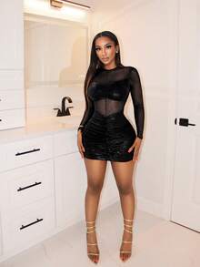 BamGleam Crew Neck Sheer Long Sleeve Patchwork Hollow Out Bodycon Ruched Mini Dress, Sexy Club Style - Black - View 5