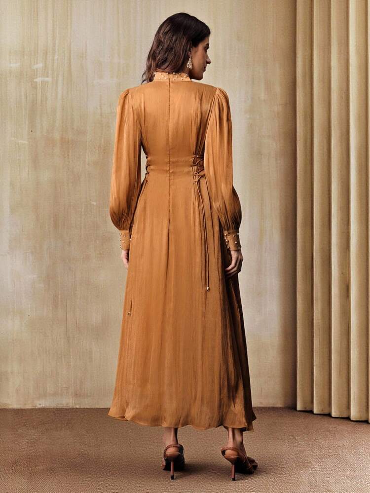 Women's New Pearl Bubble Waist Fitted Shiny Elegant Casual Dress, Suitable For Party, Ball, Christmas, New Year, Autumn/Winter