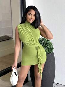 Alexandranx 女式不对称肩部褶皱和 3d 花朵装饰连衣裙 - 綠色 - 查看 6