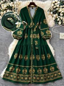 Franclia Đầm hoa cỡ lớn dành cho nữ, cổ chữ V, cài cúc phía trước, thắt eo, kiểu vintage, đầm mùa hè, đầm maxi hoa cho kỳ nghỉ, mùa xuân/hè. - màu xanh lá - Xem 1