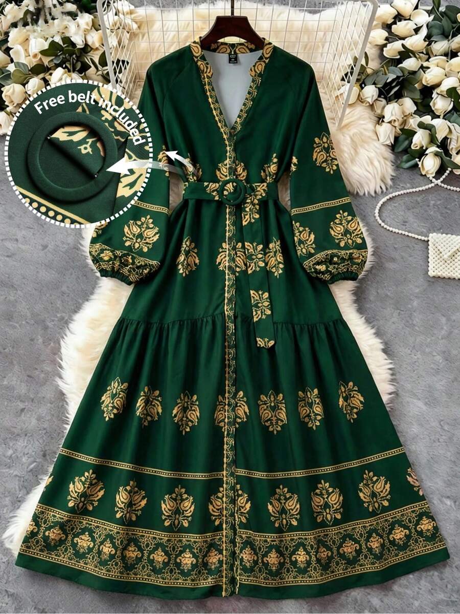 Franclia Đầm hoa cỡ lớn dành cho nữ, cổ chữ V, cài cúc phía trước, thắt eo, kiểu vintage, đầm mùa hè, đầm maxi hoa cho kỳ nghỉ, mùa xuân/hè. - màu xanh lá - Xem 1