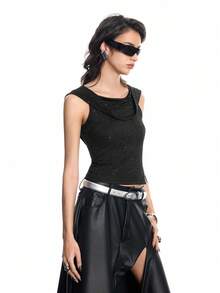 Airlisse 女士时尚派对连帽披肩领无袖金属针织上衣黑色闪亮上衣亮片上衣女士黑色水钻上衣前卫服装女士黑色背心 - 黑色 - 查看 3