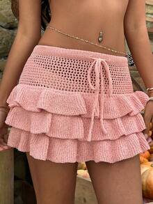 Sunnyshic Damklänning i rosa, moderiktig kakkjol, lämplig för sommarstranden, sexig superkjol, söt puffkjol med urholkning - Rosa - Visa 5