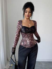 Selianne Women's Fashion Sexy Lace Patchwork Leopard Print Blouse Lace Detail Top Leopard Top - Brown - View 3