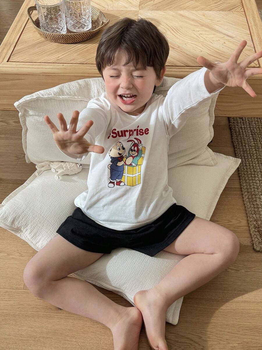 DAZY 2pcs Toddler Boys' Cartoon Print Long Sleeve T-Shirt And Shorts Pajama Set