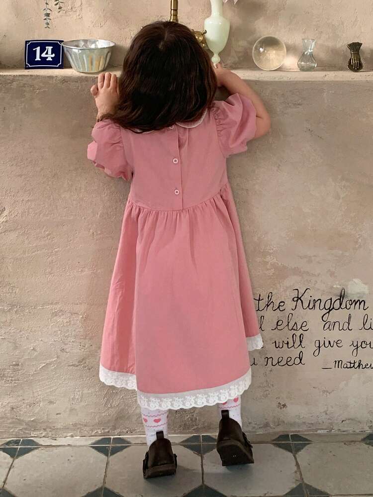 Toddler Girls' Peter Pan Collar Cartoon Rabbit Embroidery Korean Style Cute Dress, Spring/Autumn